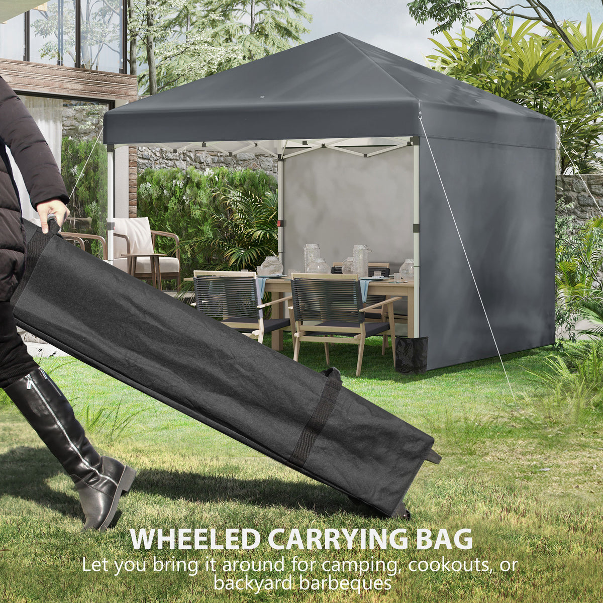 Outsunny 3 x 3 (M) Pop Up Gazebo, UPF 30+ with 2 Sidewalls, Leg Weight Bags and Wheeled Bag, Height Adjustable Party Tent Event Shelter for Garden, Patio, Dark Grey