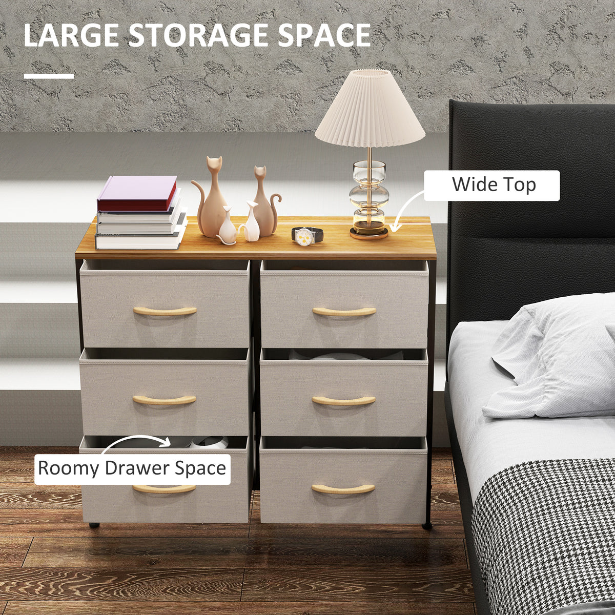 Six-drawer fabric dresser with wide wood top and roomy storage drawers