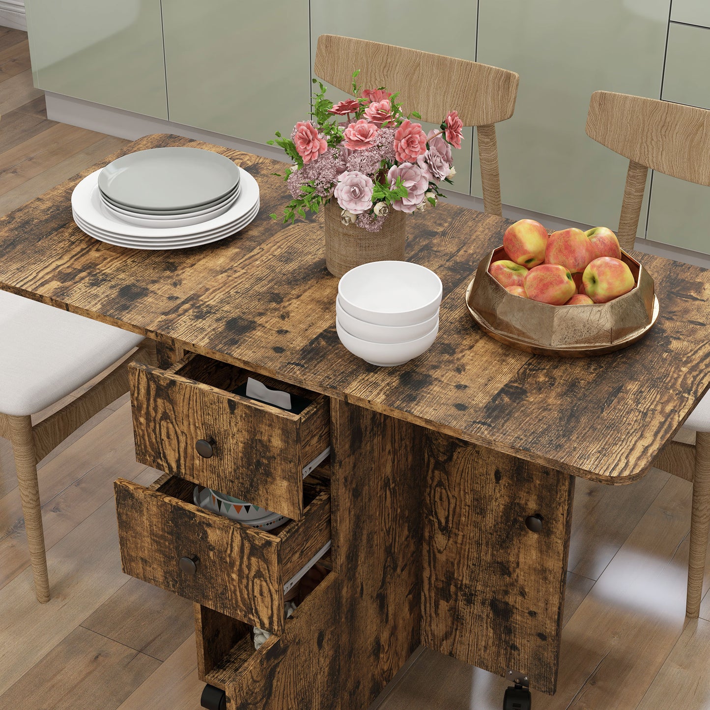HOMCOM Multi-Storage Six-Person Drop Leaf Dining Table - Rustic Brown