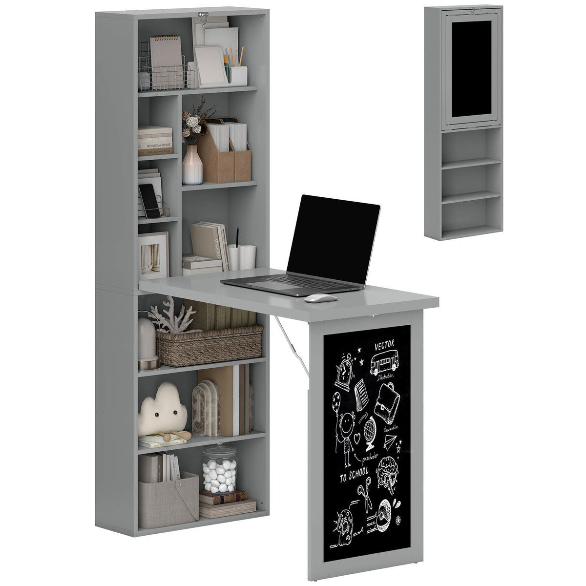Grey folding desk with blackboard panel, laptop tabletop, and tall open storage shelves.