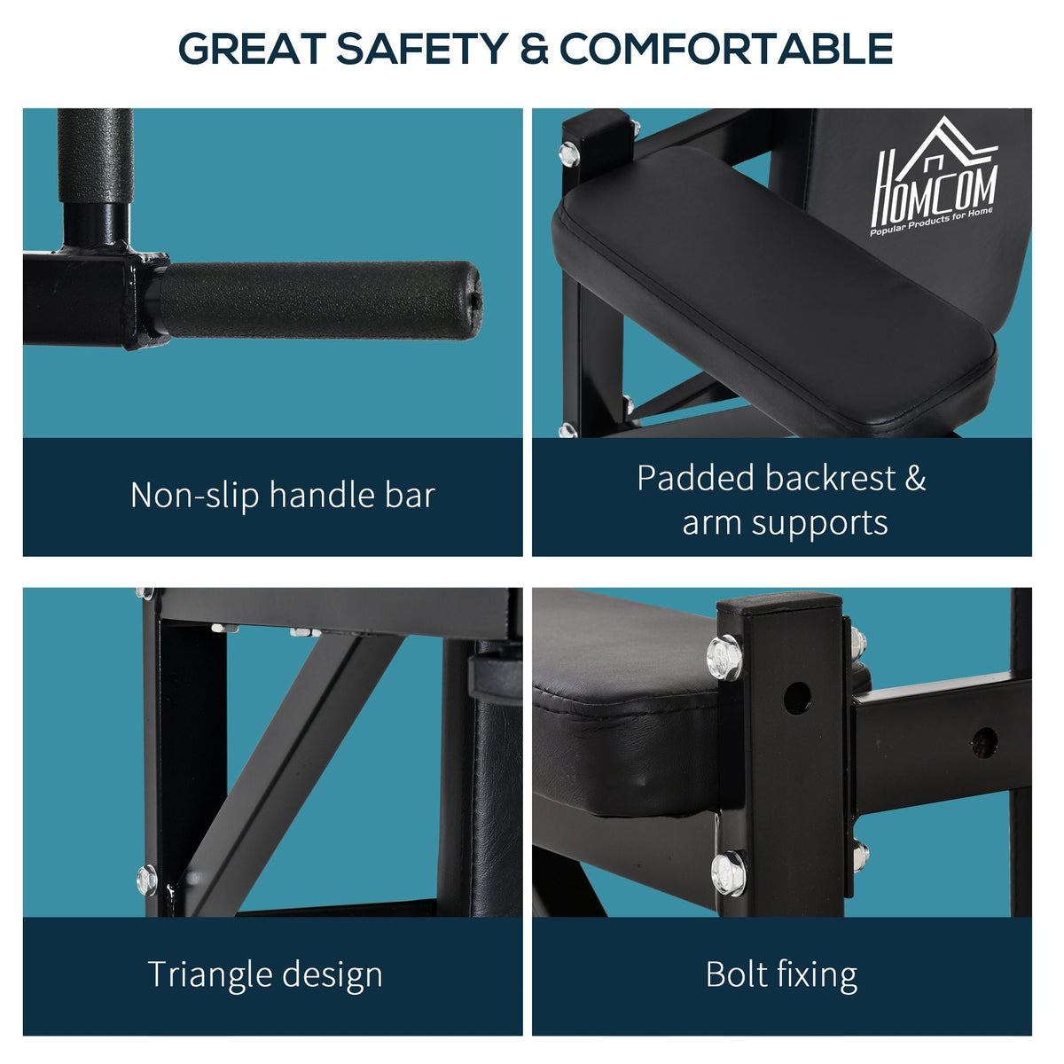 HOMCOM exercise station details: non-slip grips, padded supports, braces and mounting bolts