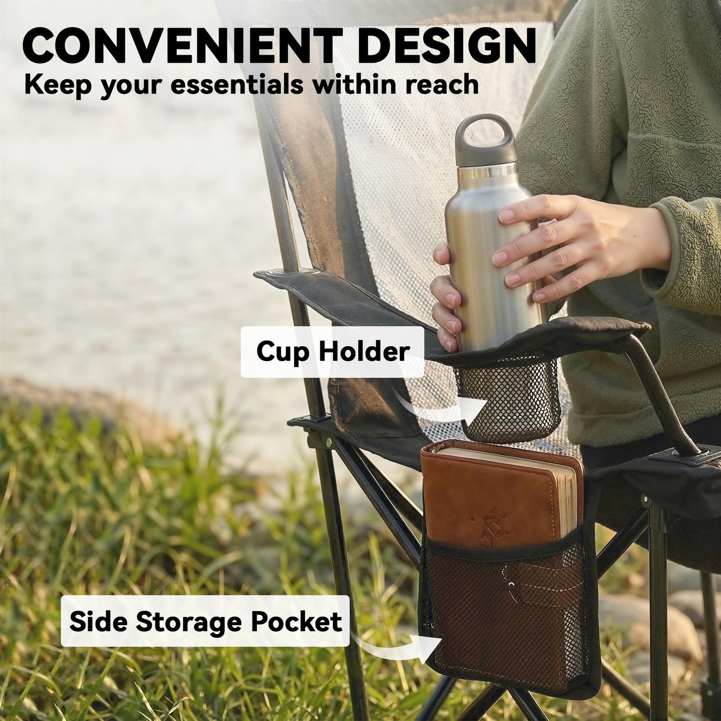 Outsunny Camping Chair Reclining Portable Camp Chair with Detachable Footrest Cup Holder Black