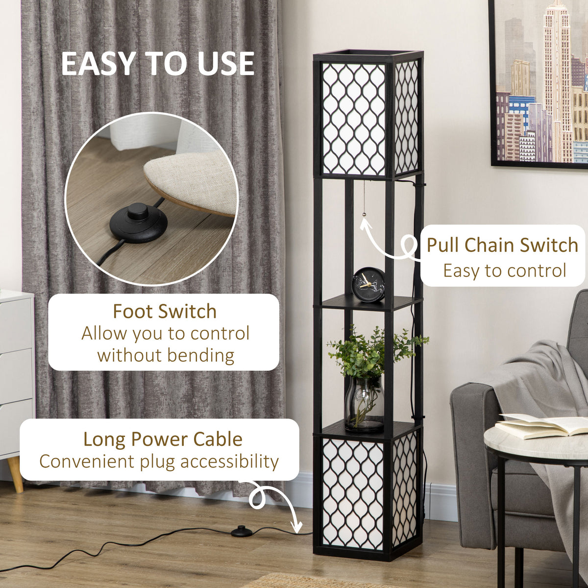 Black floor lamp with pull chain, foot switch, and long power cord.