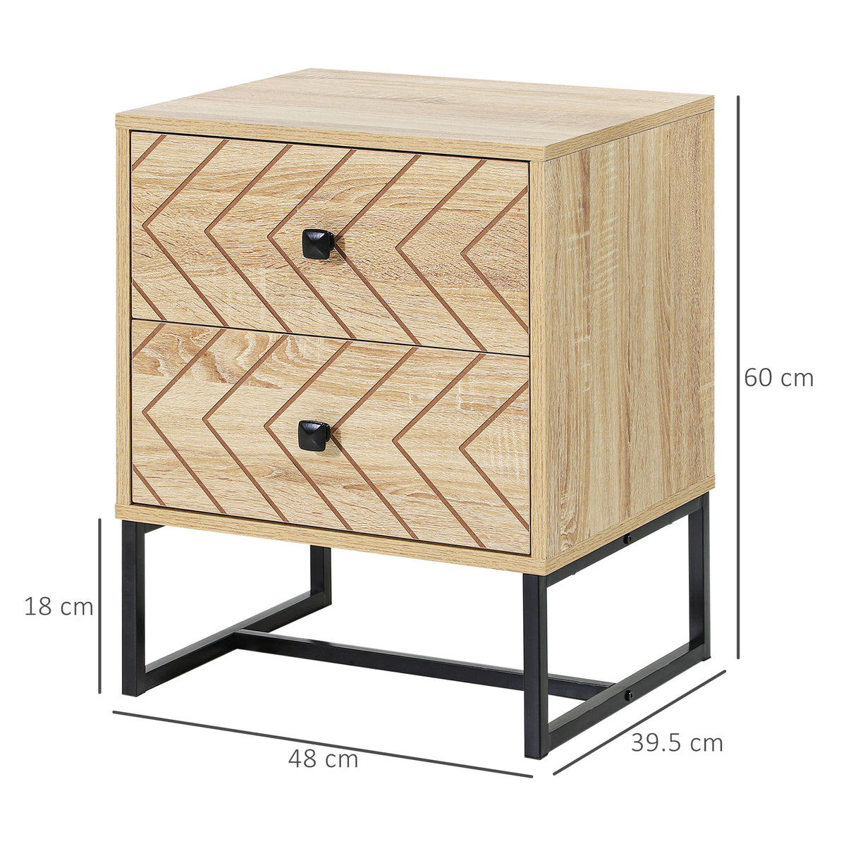 HOMCOM natural wood nightstand with two patterned drawers and black metal legs; 60 cm tall