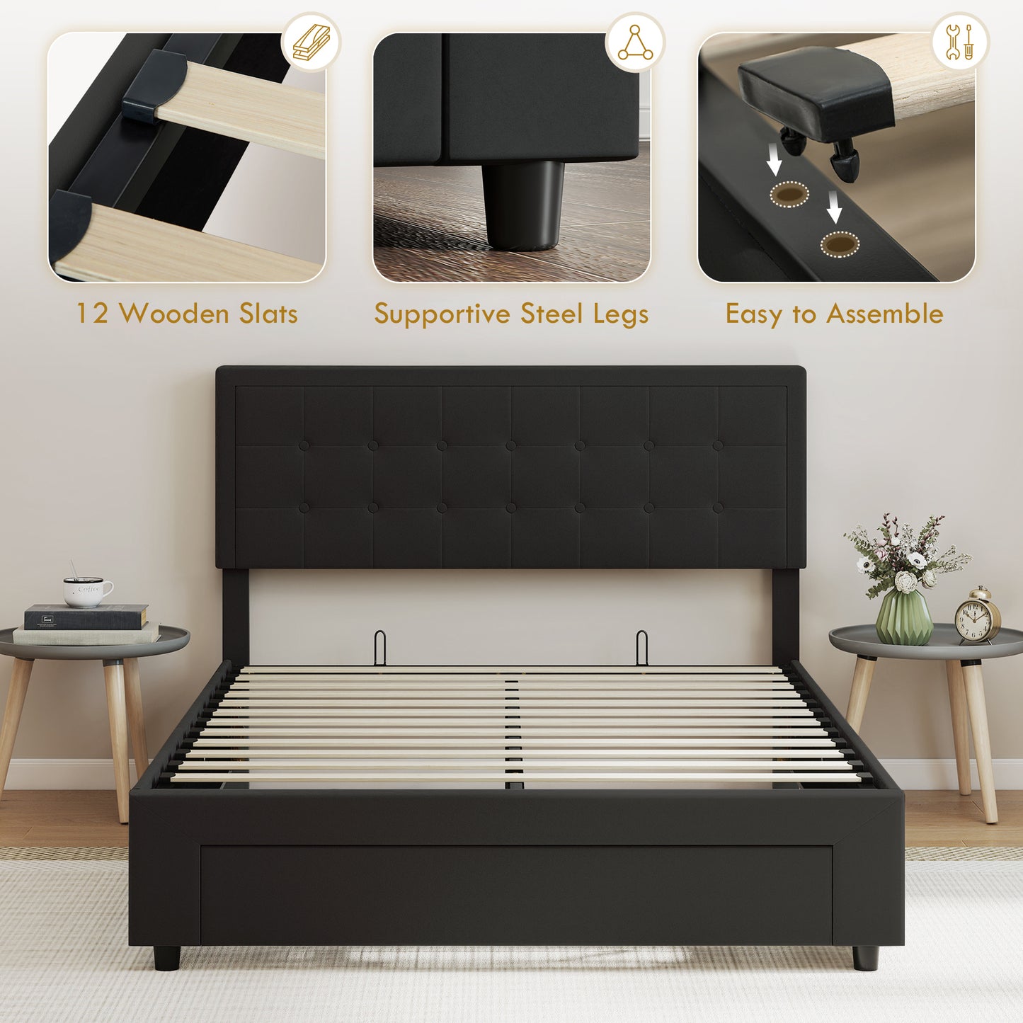 HOMCOM Double Ottoman Bed Frame, with Front Drawer - Black