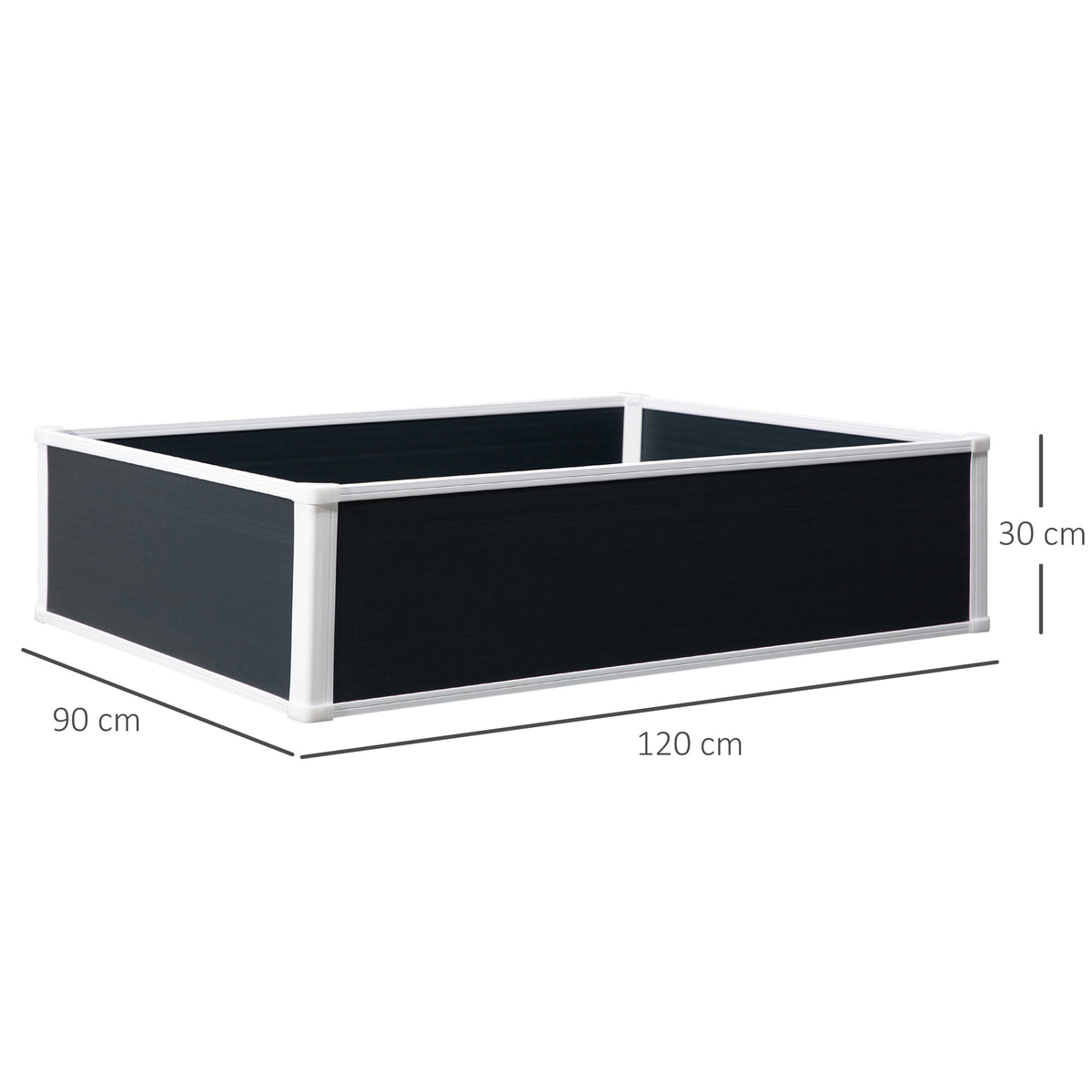 Outsunny black raised garden bed with white trim, shown with 120 x 90 x 30 cm dimensions