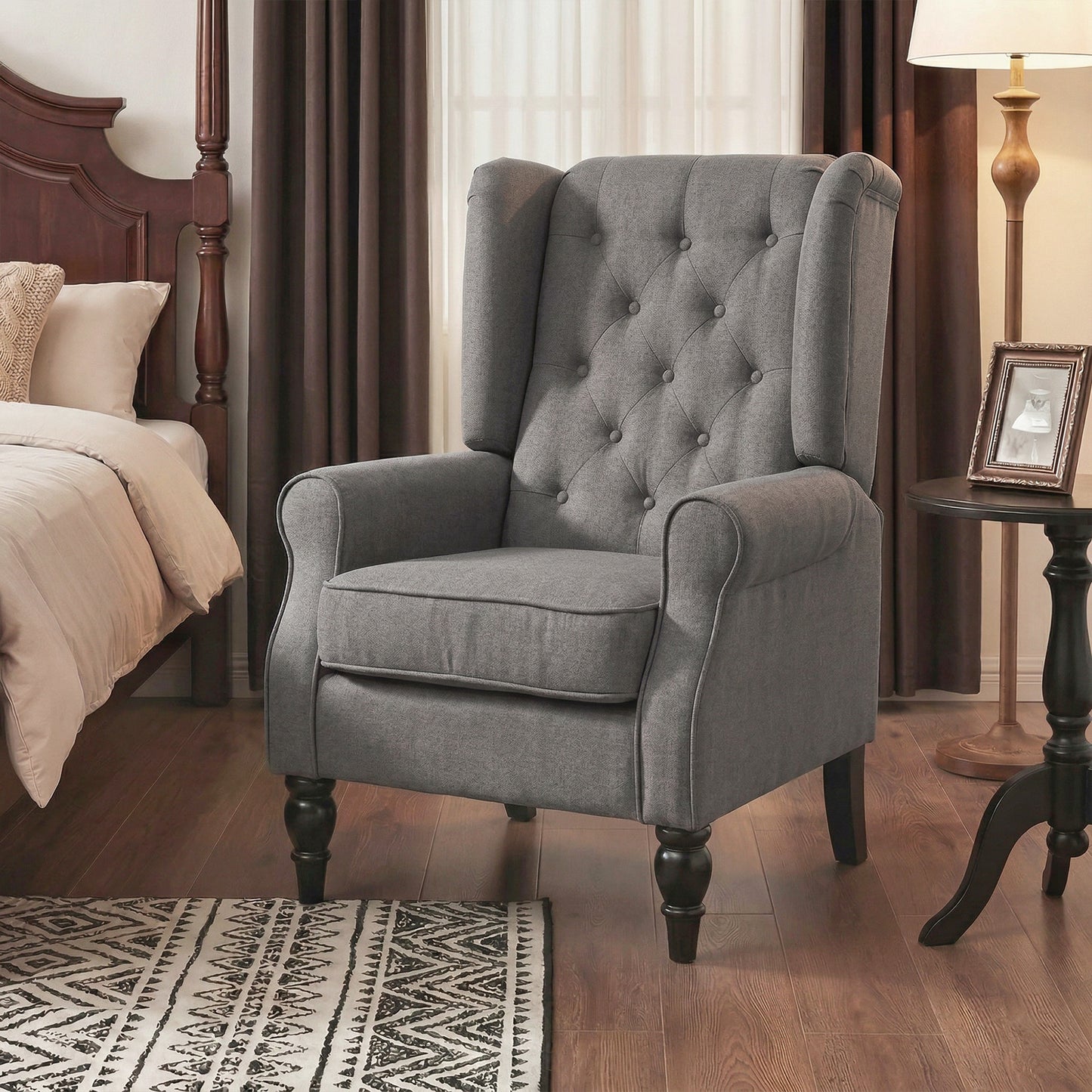 HOMCOM Wingback Accent Chair, Snow Flannel Armchair with Thick Spring Cushion, High Back, Solid Wood Legs, Retro Button Tufted Reading Chair for Living Room, Bedroom, Dark Grey