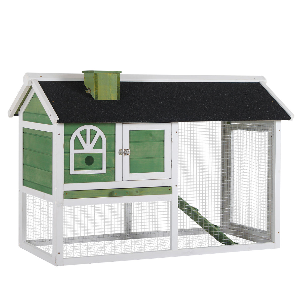 Green and white wooden rabbit hutch with wire run, ramp, and dark sloped roof.