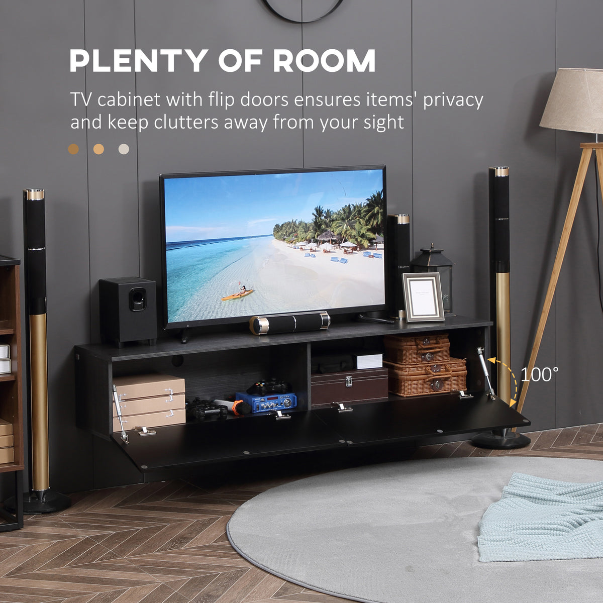 HOMCOM floating TV cabinet with open flip doors and storage compartments