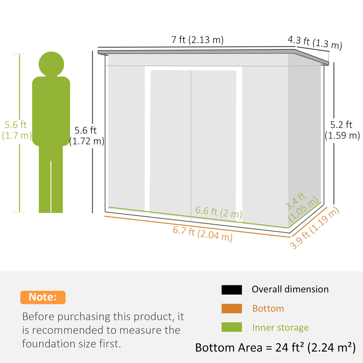 Green steel garden shed dimension diagram showing the roof, footprint, and storage area.