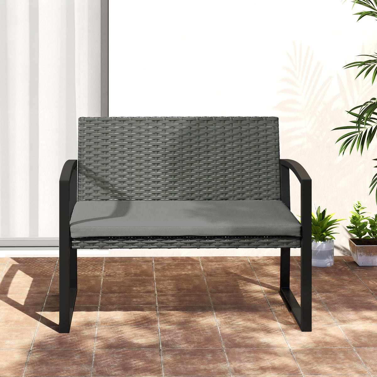 Outsunny Two-Seater Rattan Garden Bench - Light Grey