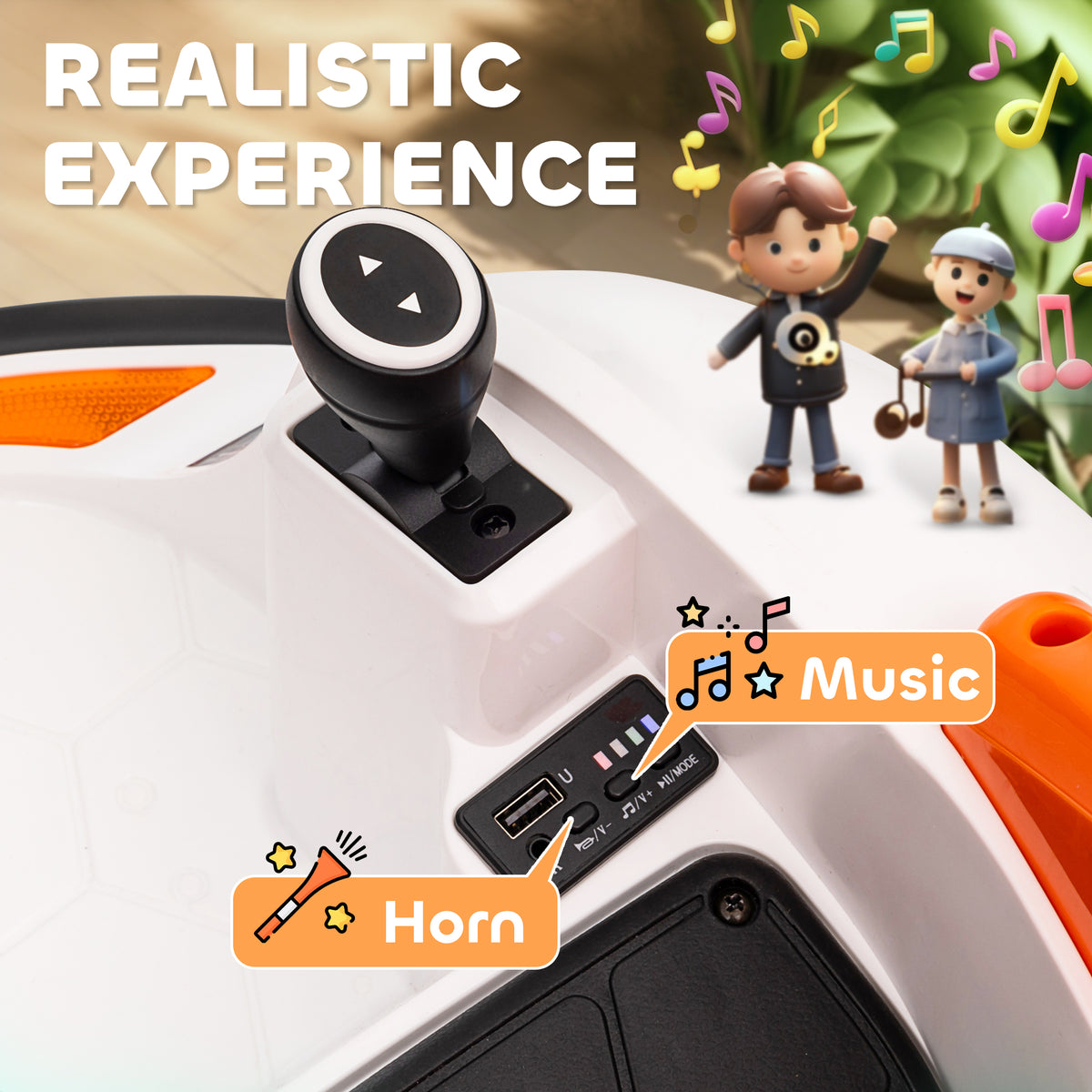 AIYAPLAY 360° Rotation Kids Bumper Car, 12V Waltzer Car with Remote Control, Dual Joysticks, Music Lights, Orange