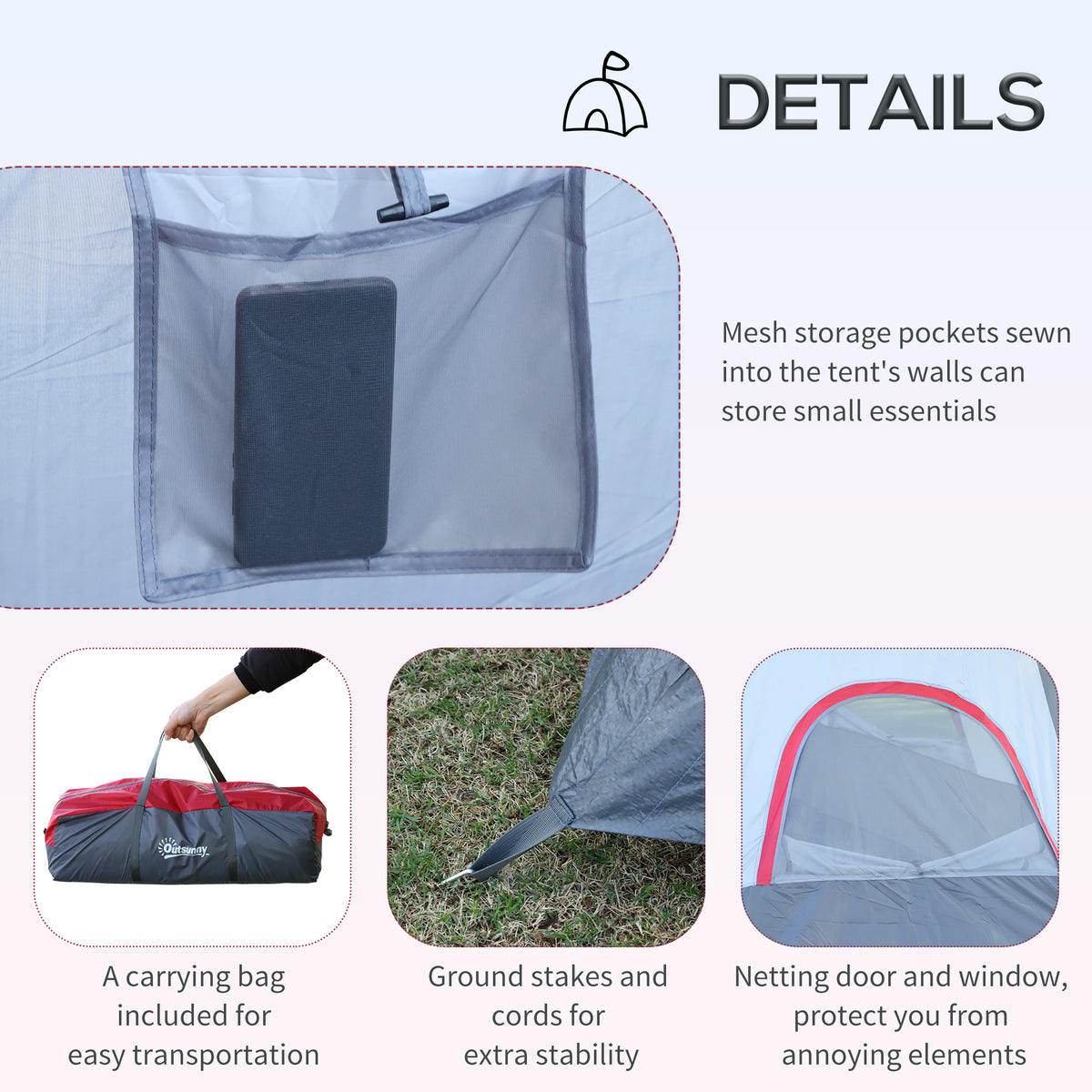 Tent details include mesh storage pocket, carry bag, stakes, cords and mesh door