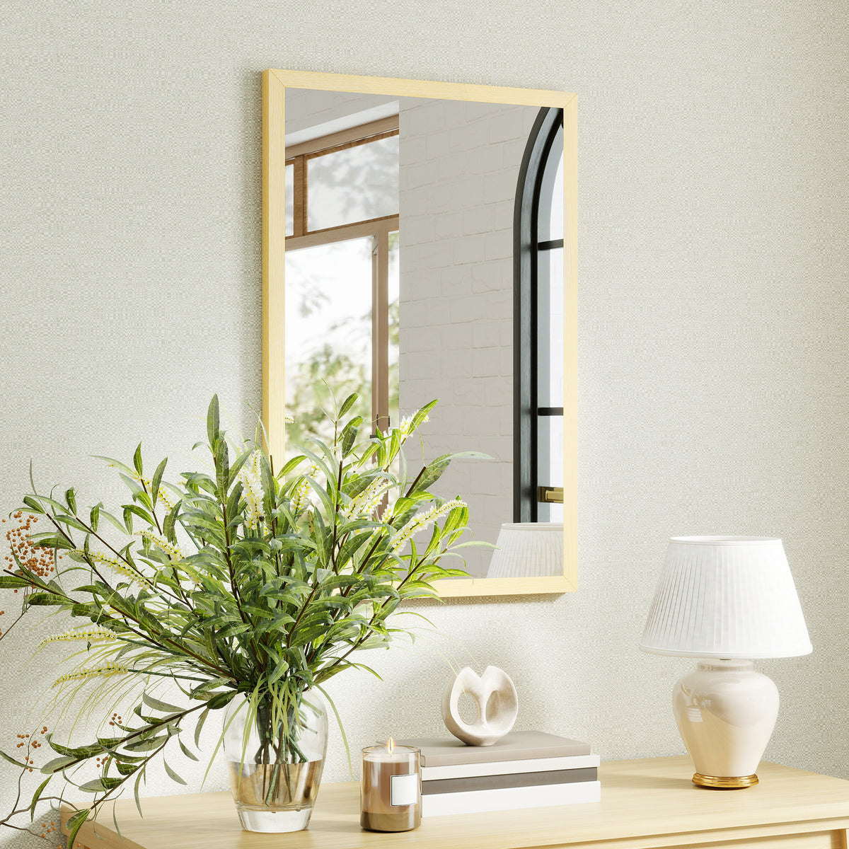 HOMCOM Wall Bathroom Mirror, 60 x 40 cm Wall-Mounted Mirror for Living Room, Bedroom, Hallway, Natural Wood Finish