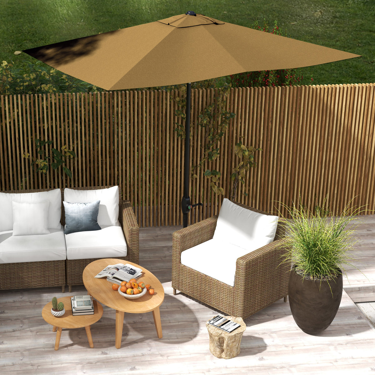 Outsunny 3 x 2 m Garden Parasol Umbrella with Aluminium Pole, UPF 50+ Rectangular Outdoor Table Parasol Sun Shade with Crank & Push Button Tilt, Metal Ribs, Brown