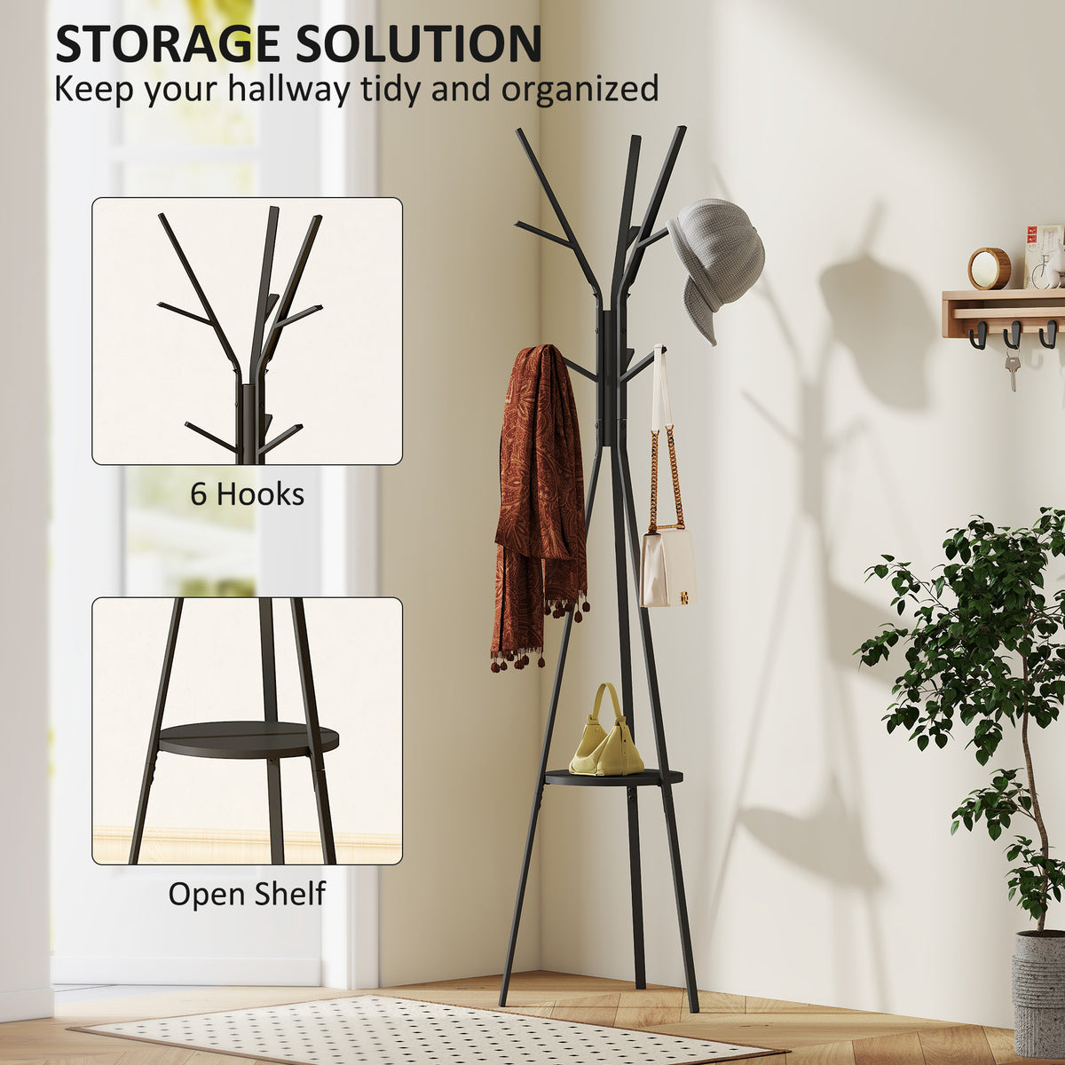 HOMCOM Freestanding Metal Coat Rack Stand 9 Hooks Clothes Tree with 1 Shelf Hat Display Hall Tree Hanger Bag Umbrella Hanging Organiser Black