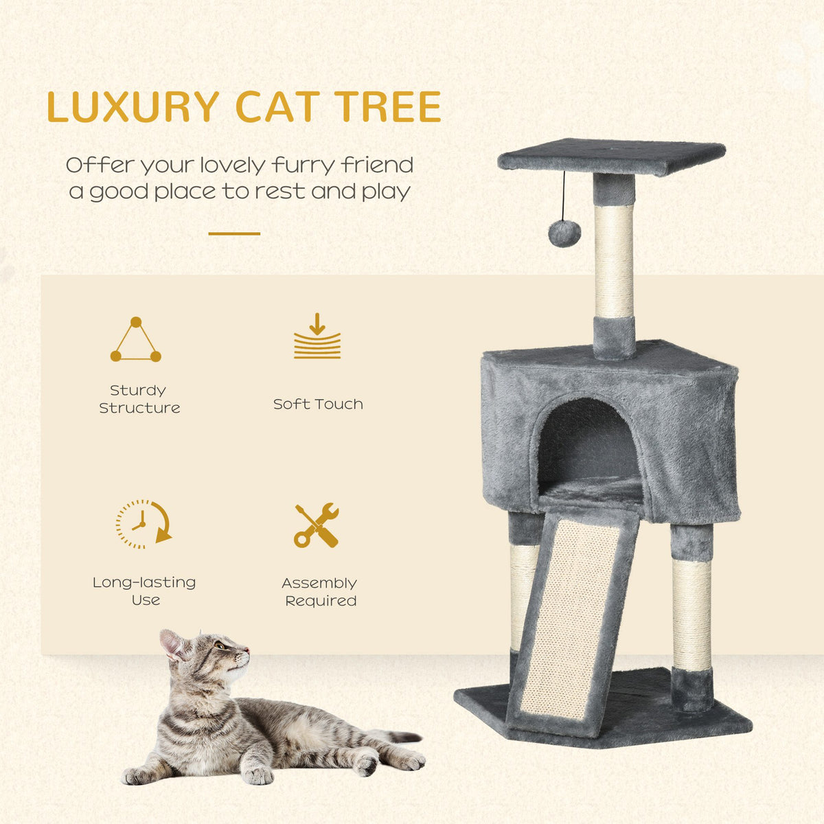 Grey indoor cat tree with an enclosed condo, scratching ramp, sisal posts, top perch and hanging toy