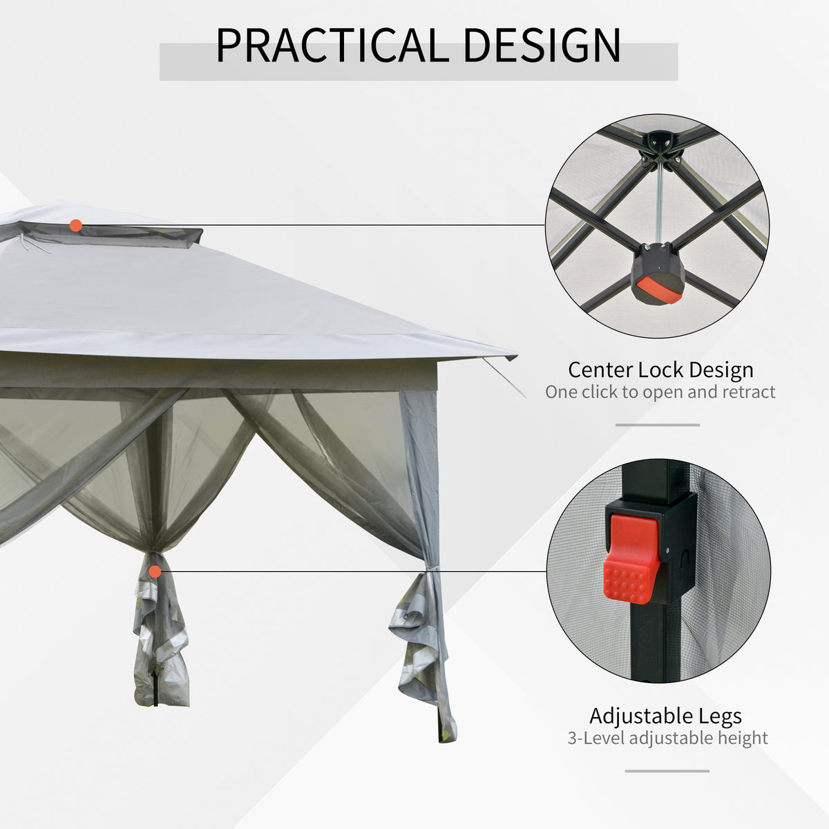 Grey gazebo detail showing the center-lock frame and three-level adjustable leg mechanism.