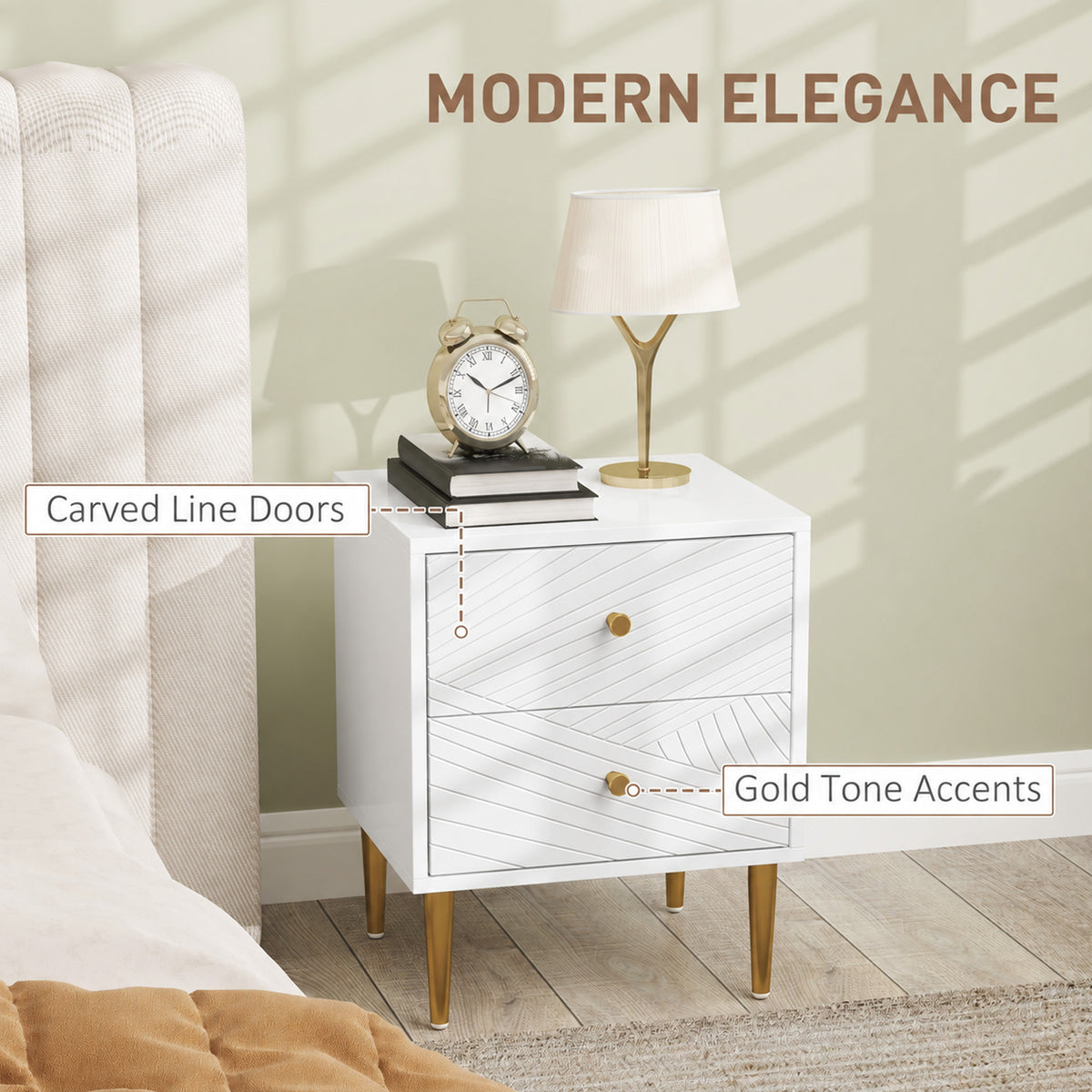 White bedside table with carved-line drawers and gold-tone accents