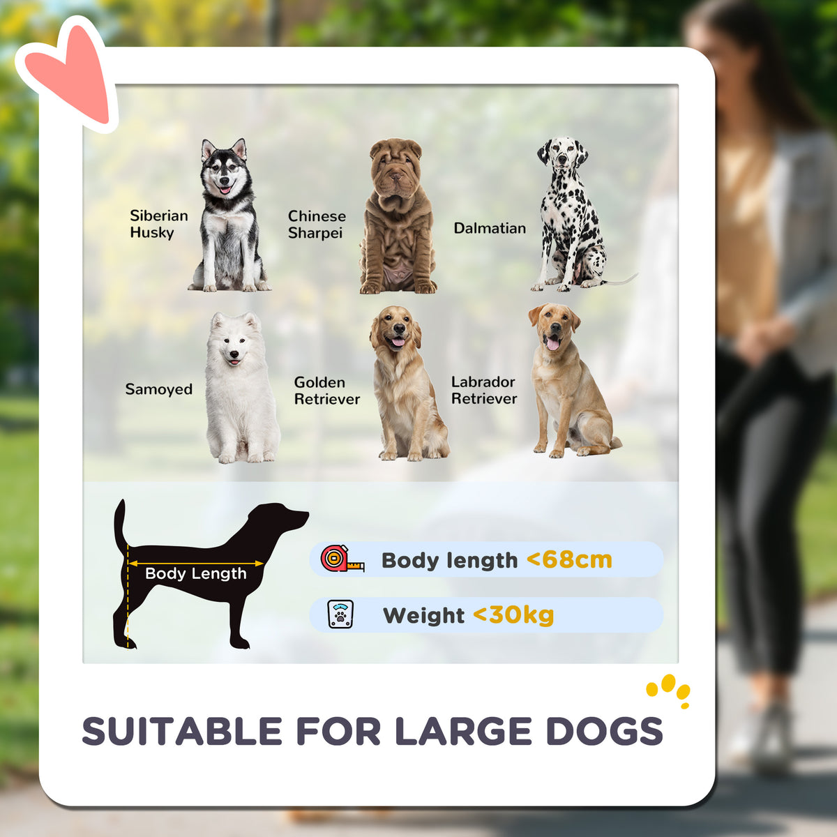 PawHut large-dog stroller suitability chart for dogs under 68 cm long and 30 kg