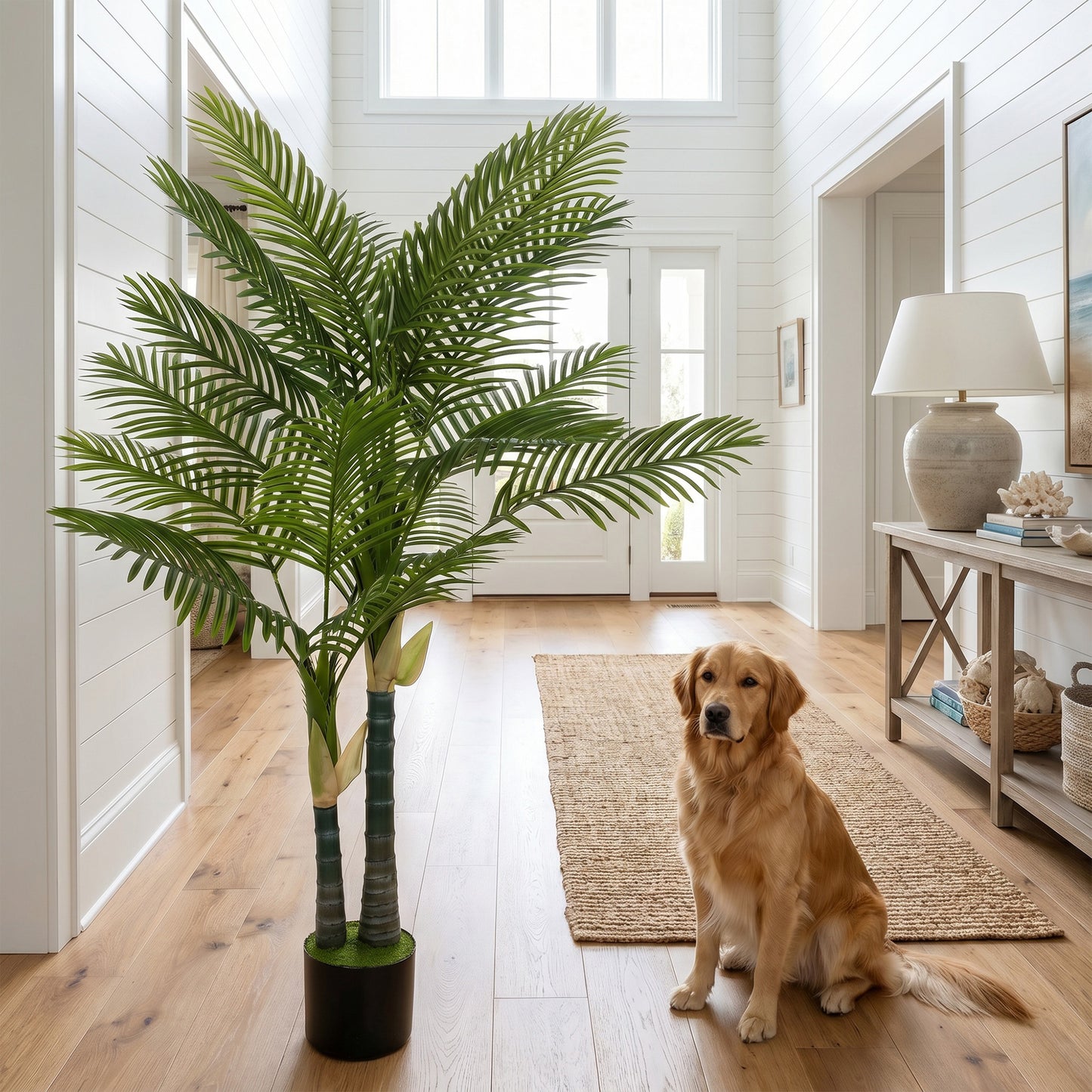 HOMCOM Artificial Palm Tree with 16 PEVA Leaves, 150cm Decorative Artificial Plant with Pot and Moss Effect, Green