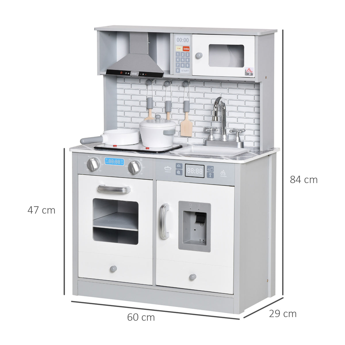 HOMCOM wooden toy kitchen with cooktop, sink, and ice machine, shown with dimensions