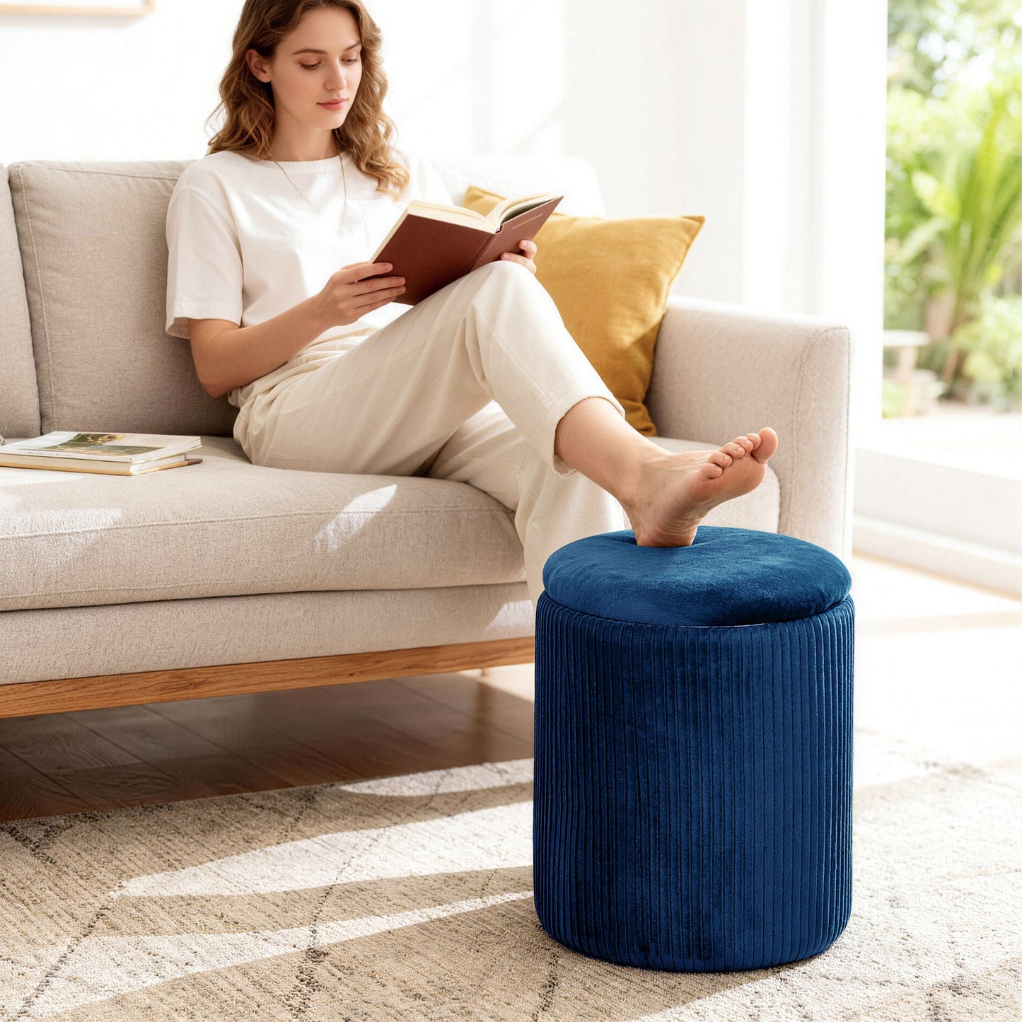 HOMCOM Storage Ottoman Modern Velvet Round Foot Stool for Living Room Bedroom 45 cm Blue
