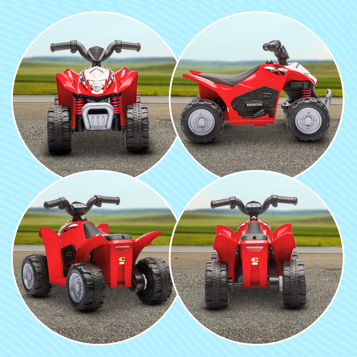 Red Honda kids' electric quad bike shown from front, side and rear angles