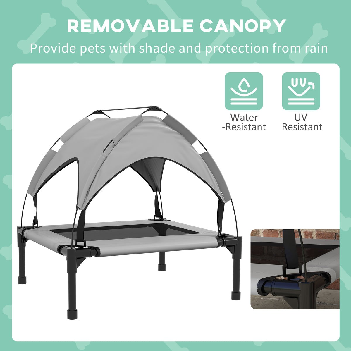 Raised pet bed with a removable canopy and mesh sleeping surface