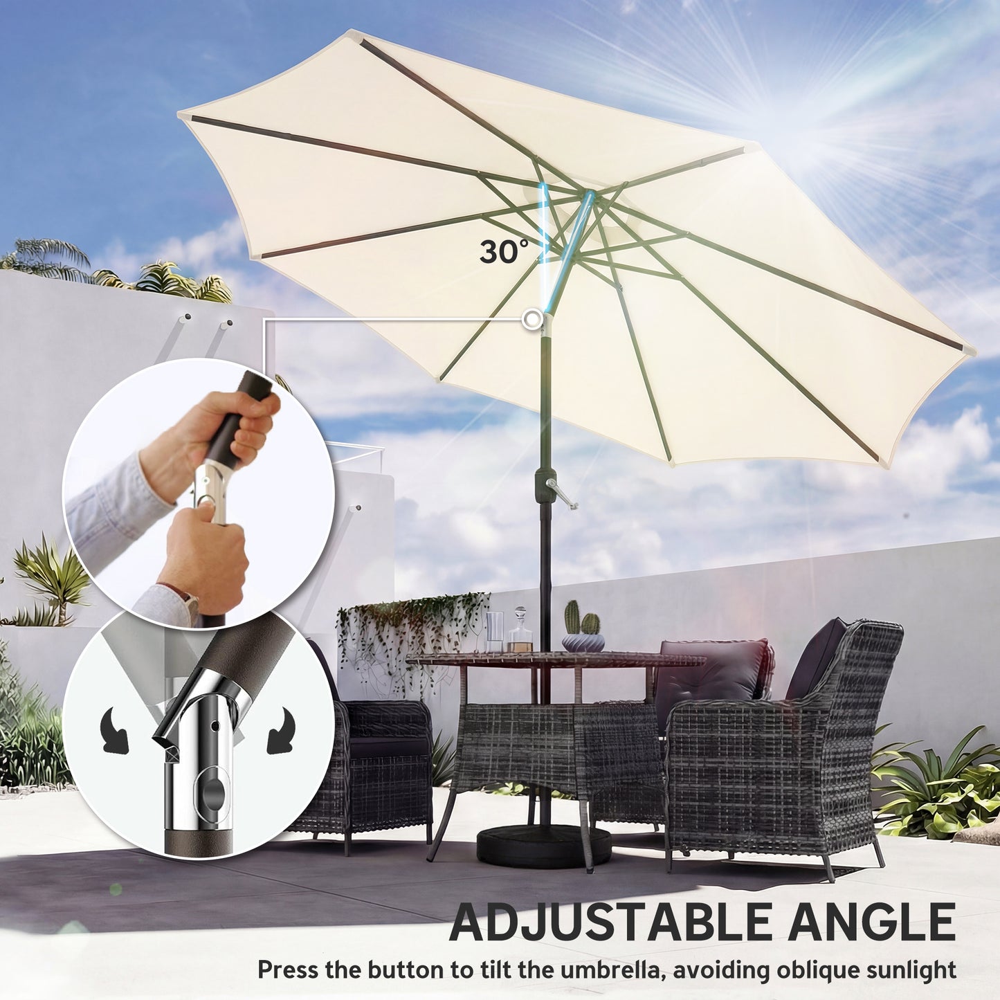 Outsunny 2.7 m Garden Parasol Umbrella with Cross Base and Sandbag, Retractable Ribs, Outdoor Table Market Umbrella, Cream White