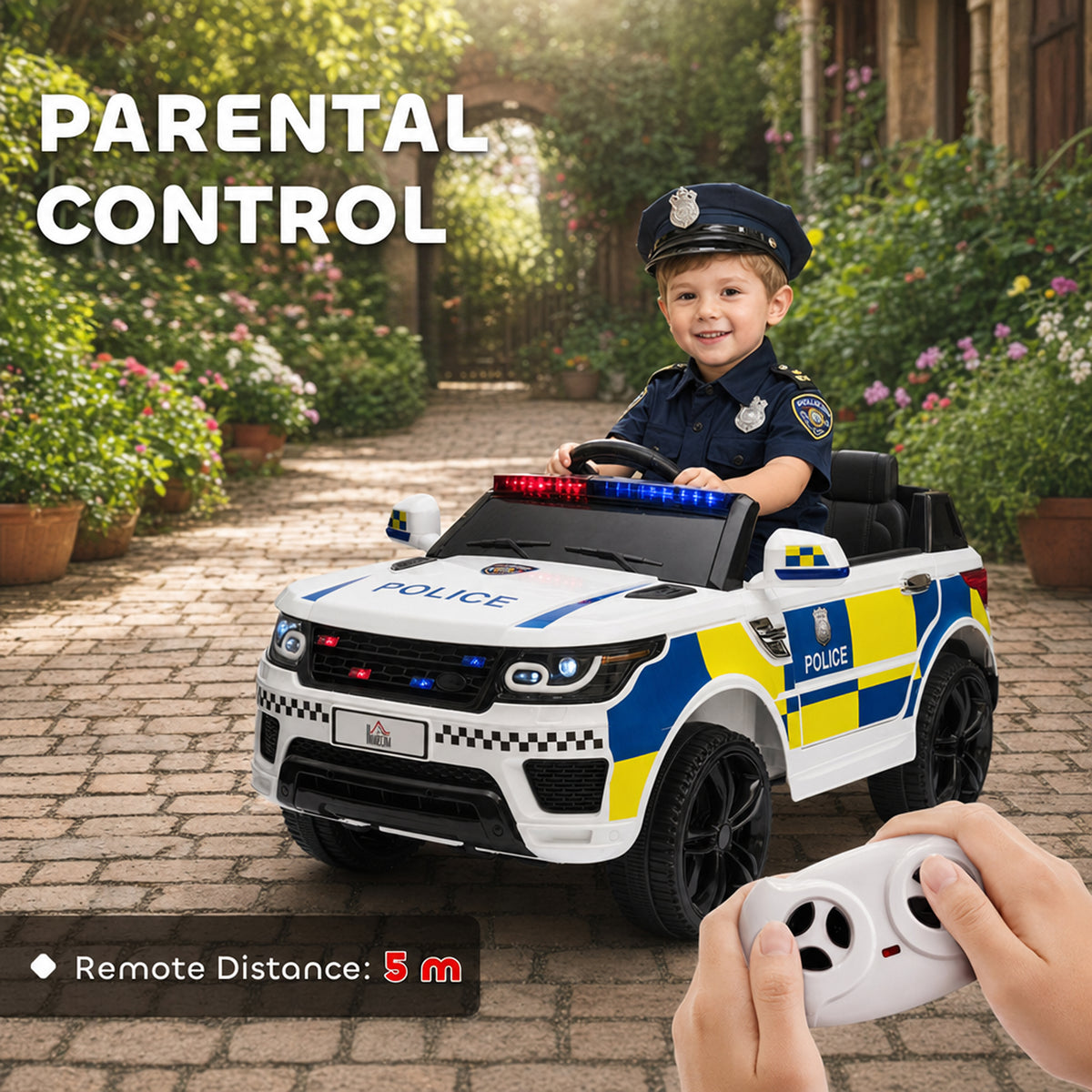 HOMCOM Ride on Police Kids Car 12V Electric Car for 3-6 Years with Remote Control Siren Flashing Lights Suspension, White