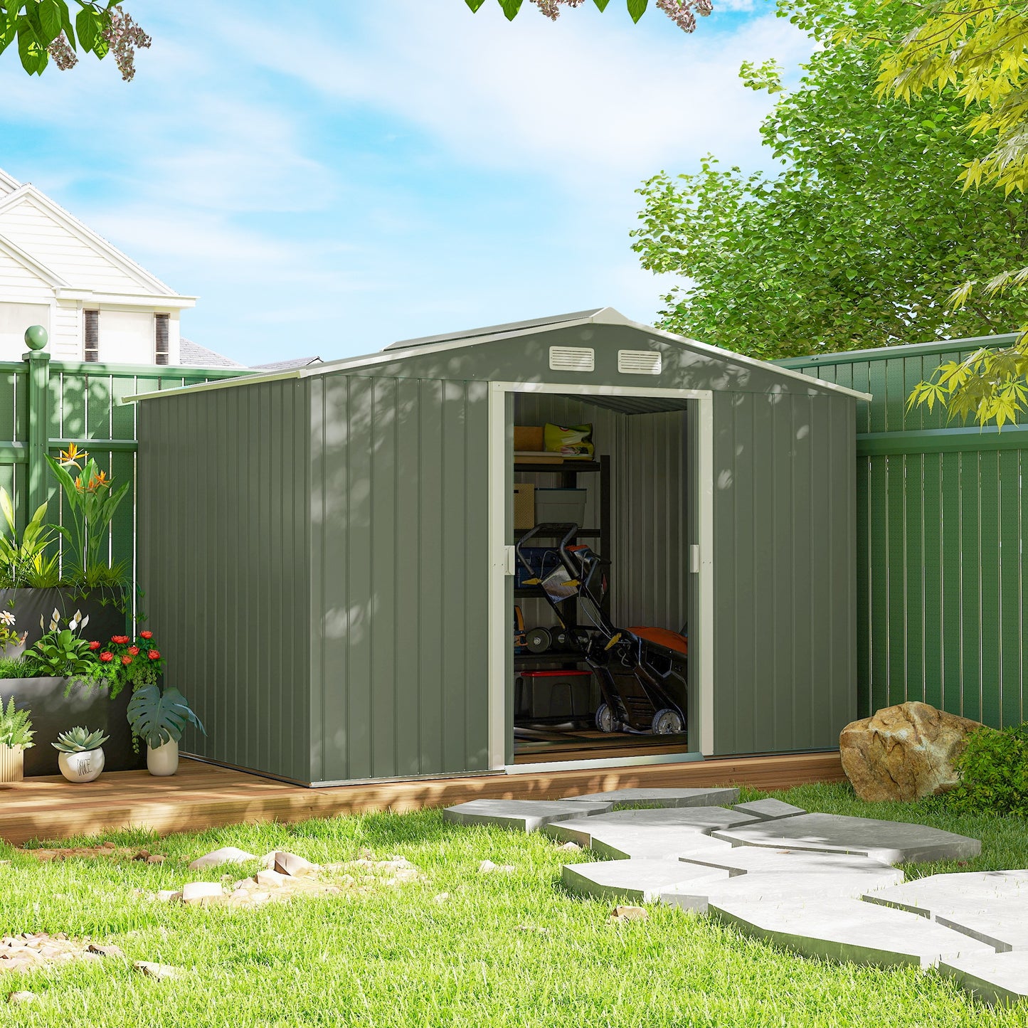 Outsunny 9 x 6ft Metal Garden Shed, Waterproof Outdoor Bike Storage Shed Galvanised with Vents, Foundation Kit, Apex Roof and Lockable Double Doors for Patio Lawn, Light Green