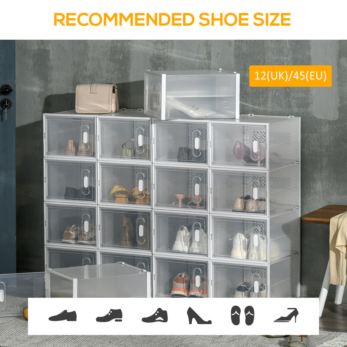 HOMCOM 18PCS Clear Shoe Box, Plastic Stackable Shoe Storage Box for UK/EU Size up to 12/46 with Magnetic Door for Women/Men, 28 x 36 x 21 cm