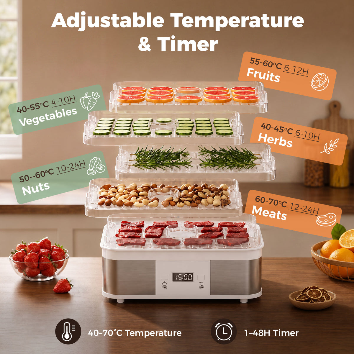HOMCOM dehydrator with five food trays and adjustable temperature and timer controls