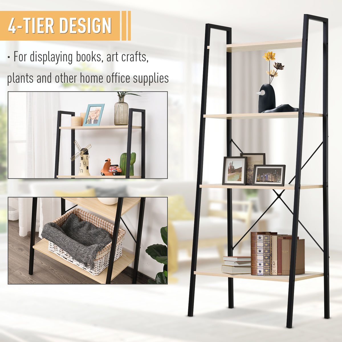 HOMCOM four-tier shelf displaying books, frames, and decor on oak-tone shelves