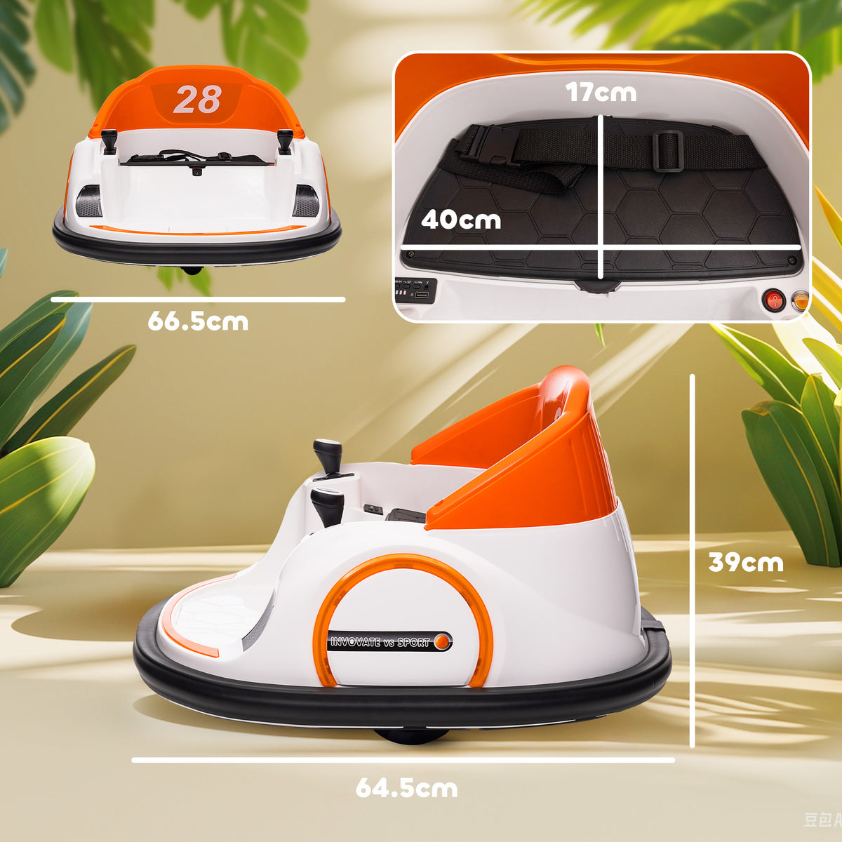 AIYAPLAY 360° Rotation Kids Bumper Car, 12V Waltzer Car with Remote Control, Dual Joysticks, Music Lights, Orange