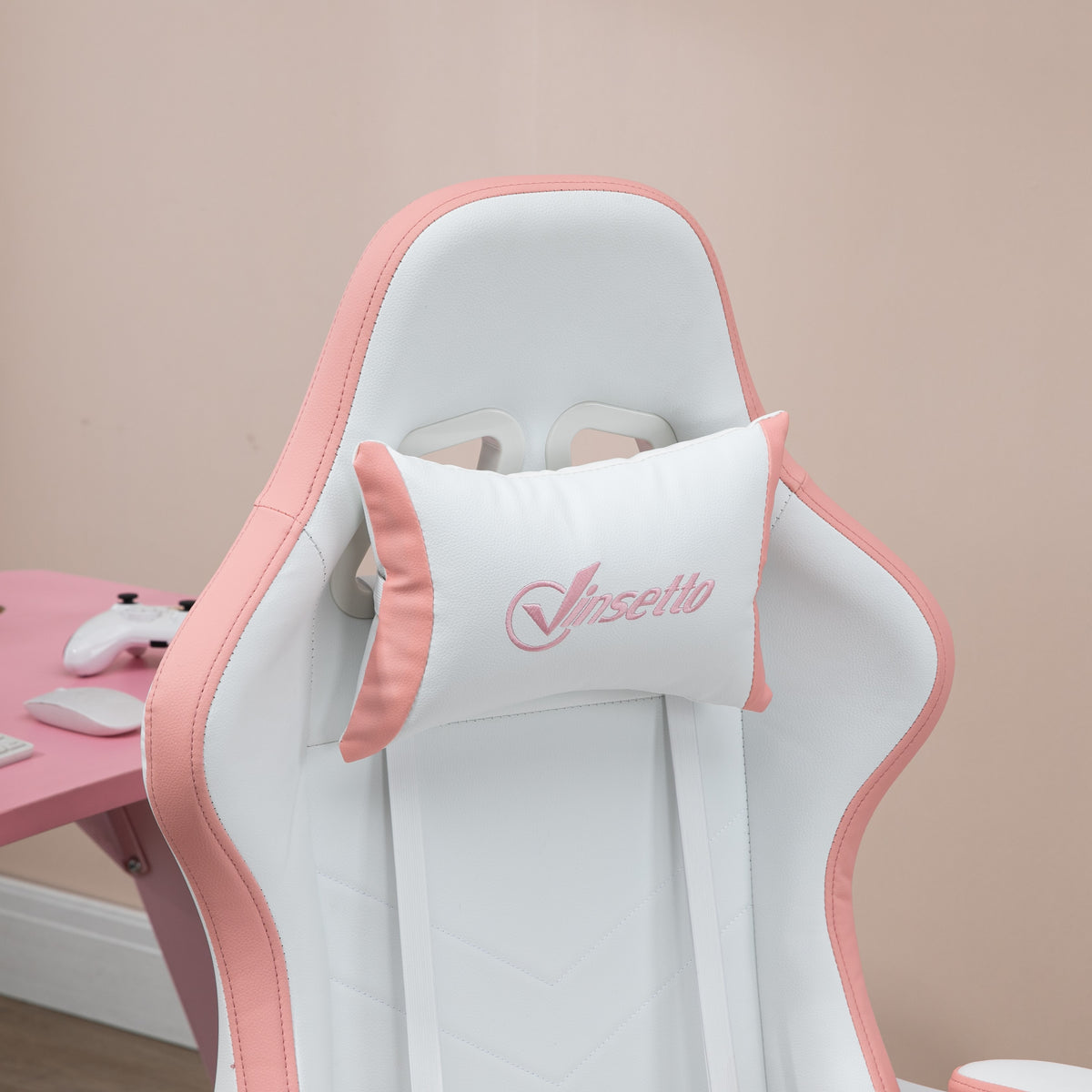 Vinsetto Gaming Chair, Computer Gamer Chair with Reclining High Back, Headrest, Lumbar Support, Footrest, Swivel Wheels, PU Leather, Adjustable Height for Home, White and Pink