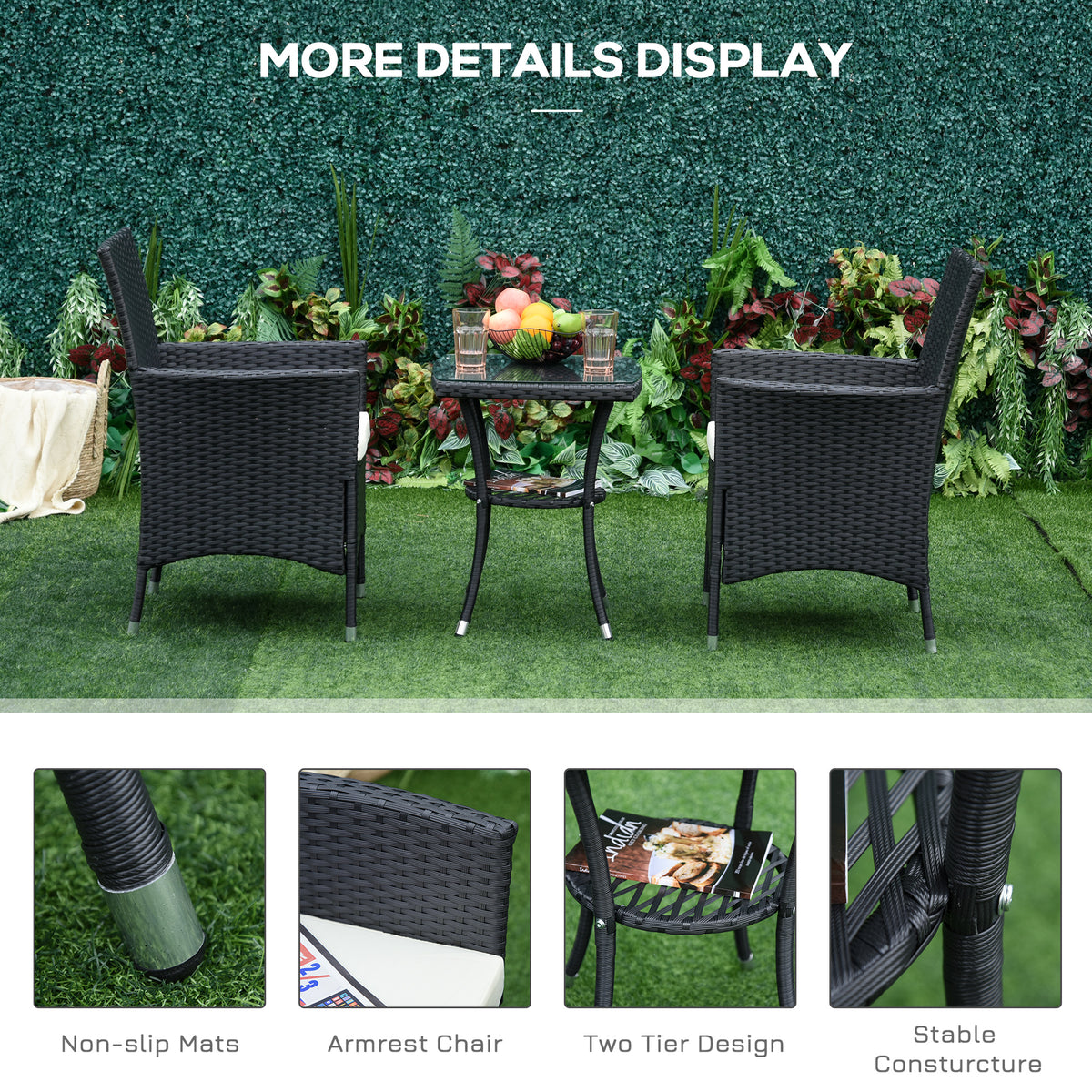 Outsunny bistro set viewed from behind, with close-ups of chair arms, table shelf and leg caps