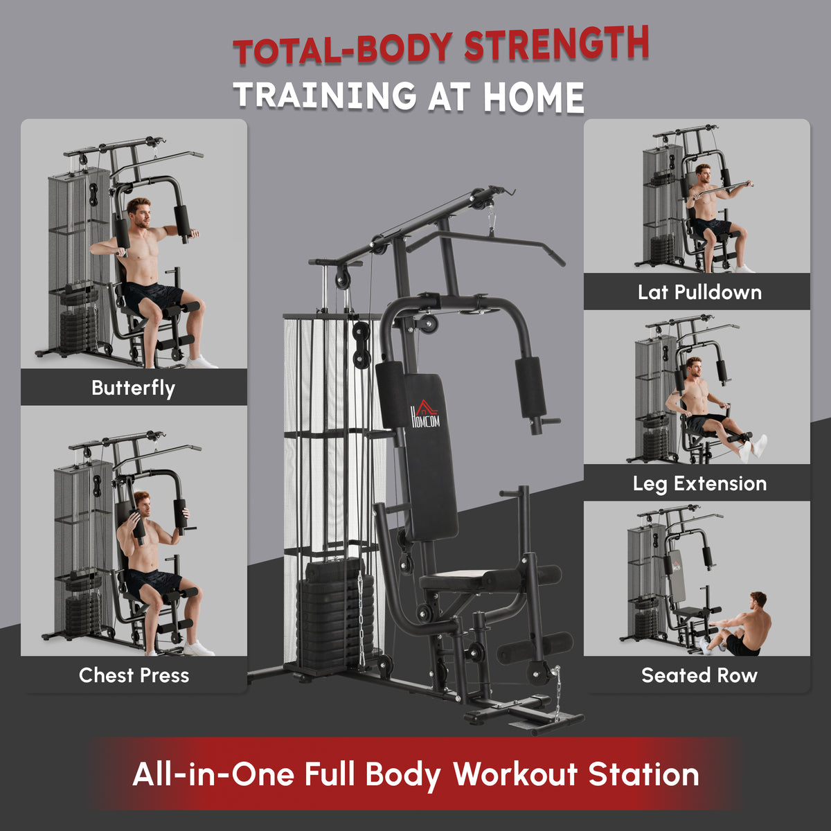 HOMCOM home gym system with weight stack, chest press, butterfly, lat pulldown and leg extension