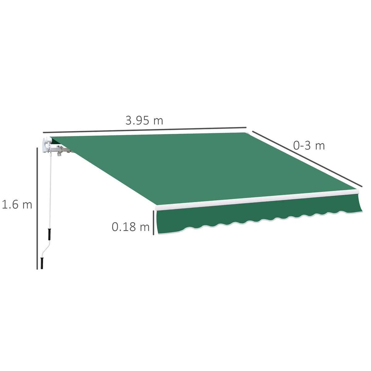 Green retractable awning with hand crank and scalloped valance, shown with dimensions