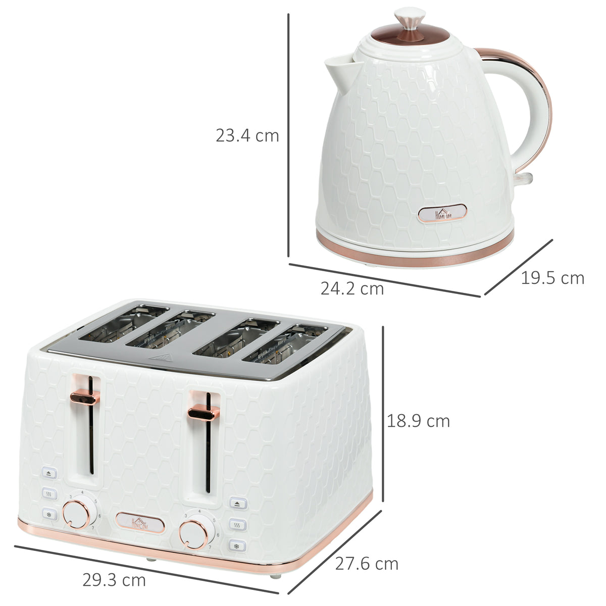 White HOMCOM kettle and four-slice toaster set with dimensions shown