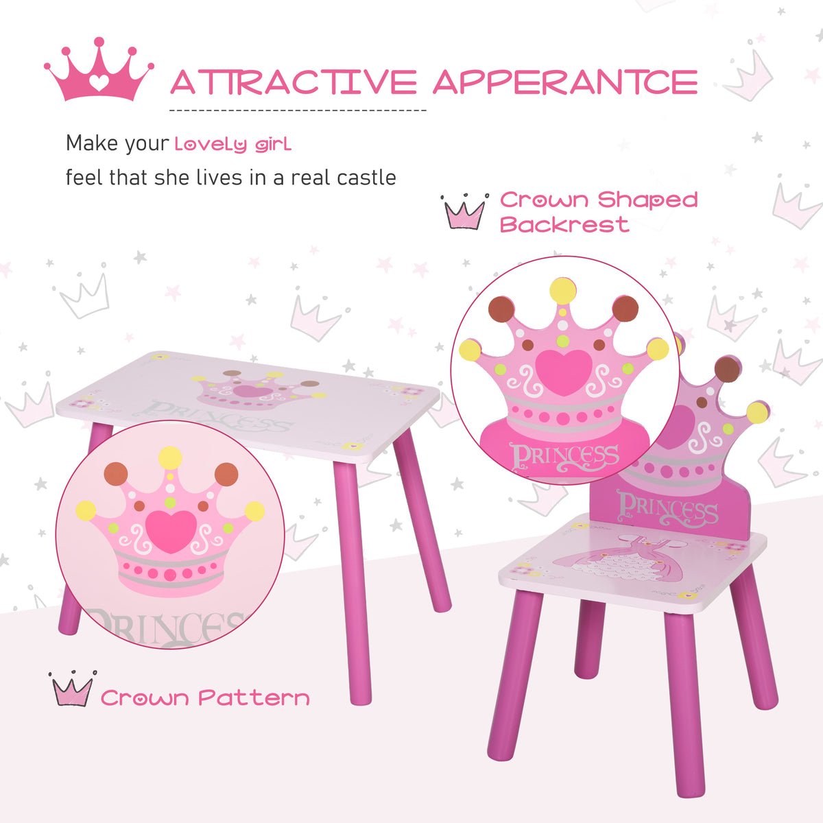 Pink children's table and crown-back chairs with princess crown designs