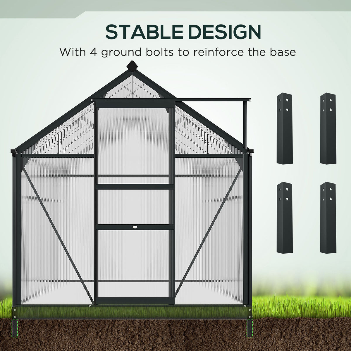 Greenhouse front with four ground bolts securing the base