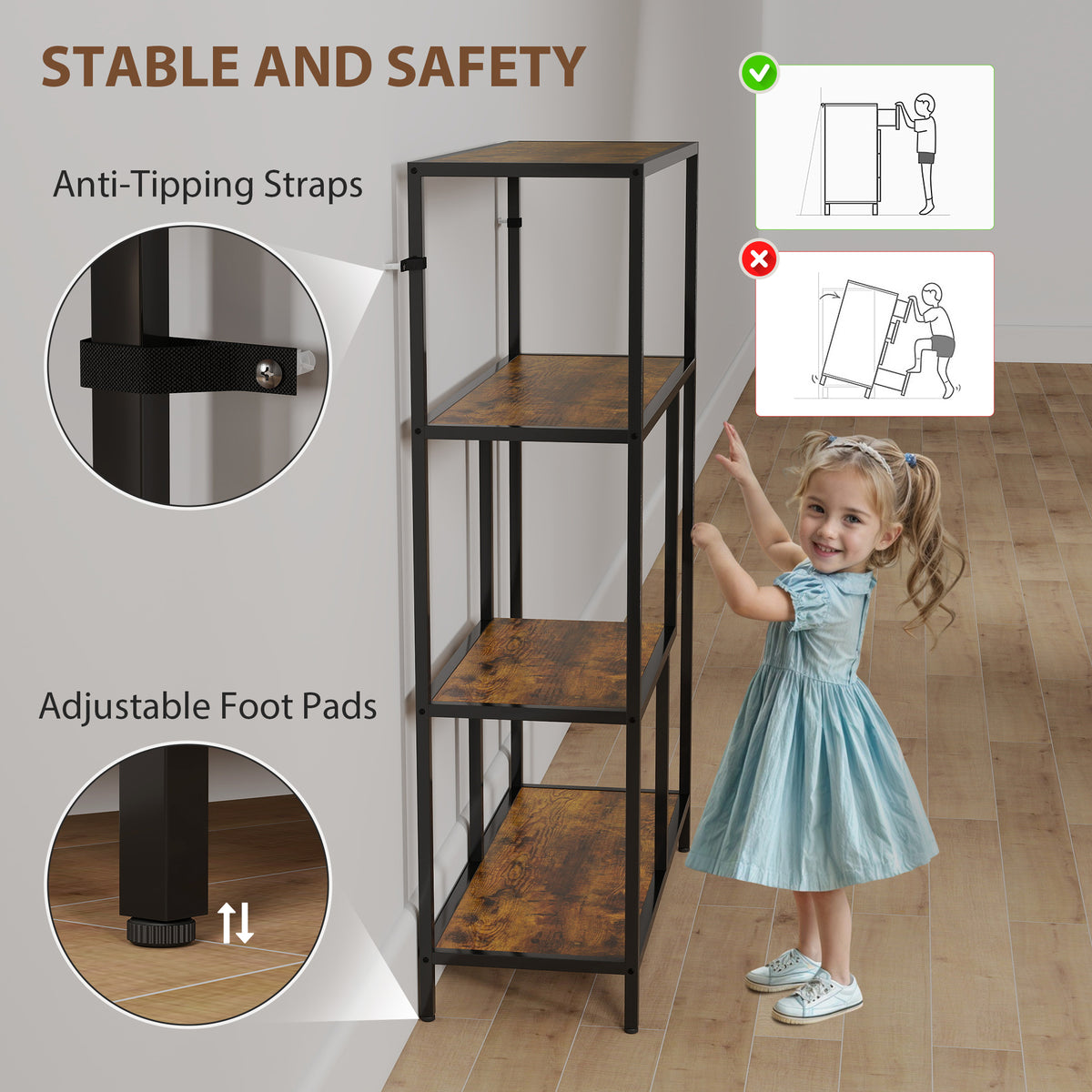 HOMCOM 4-Tier Bookshelf with Open Shelves - Rustic Brown