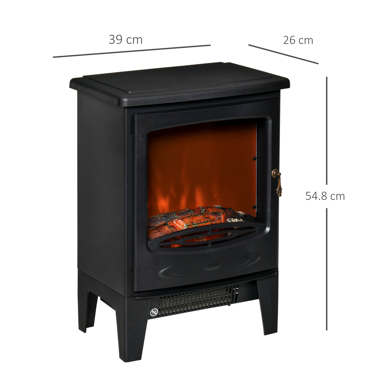 Black electric fireplace stove with LED flames and 39 cm by 26 cm footprint