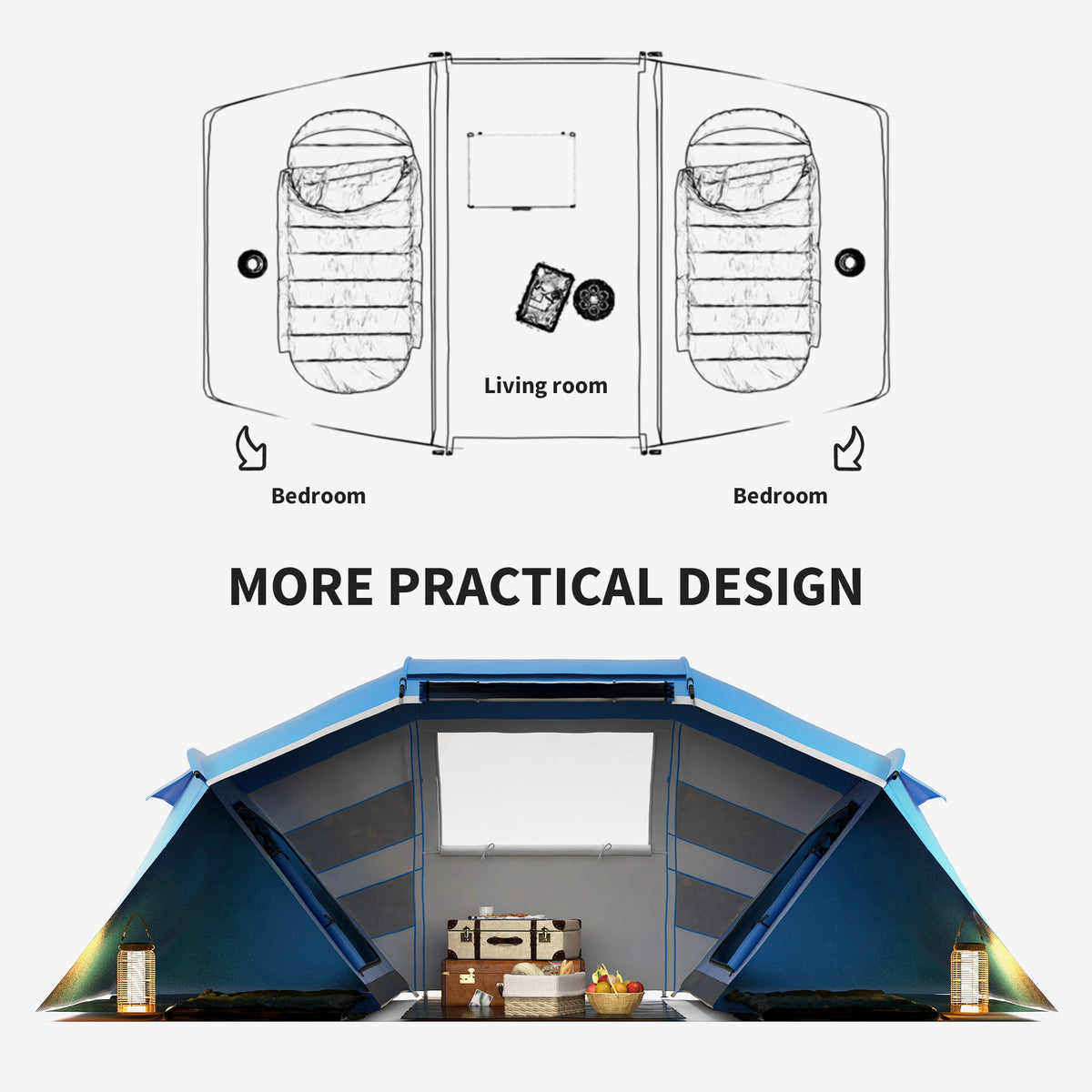 Blue and gray three-room tent with two enclosed bedrooms and a central living area