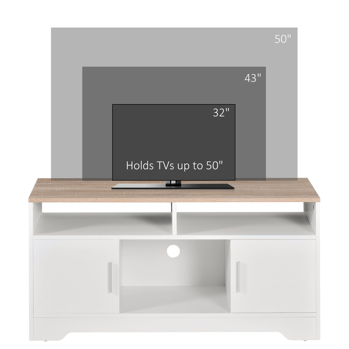 White TV stand with wood-look top, open shelves, two cabinets, and space for TVs up to 50 inches.