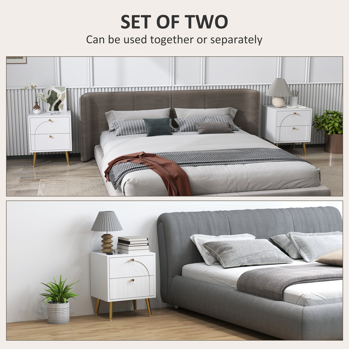 White two-drawer bedside table shown beside beds in two room settings