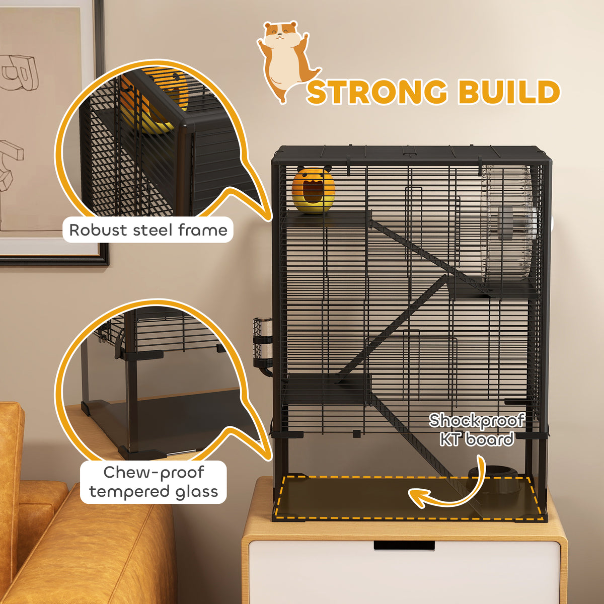 PawHut hamster cage with steel wire frame and deep tempered glass base