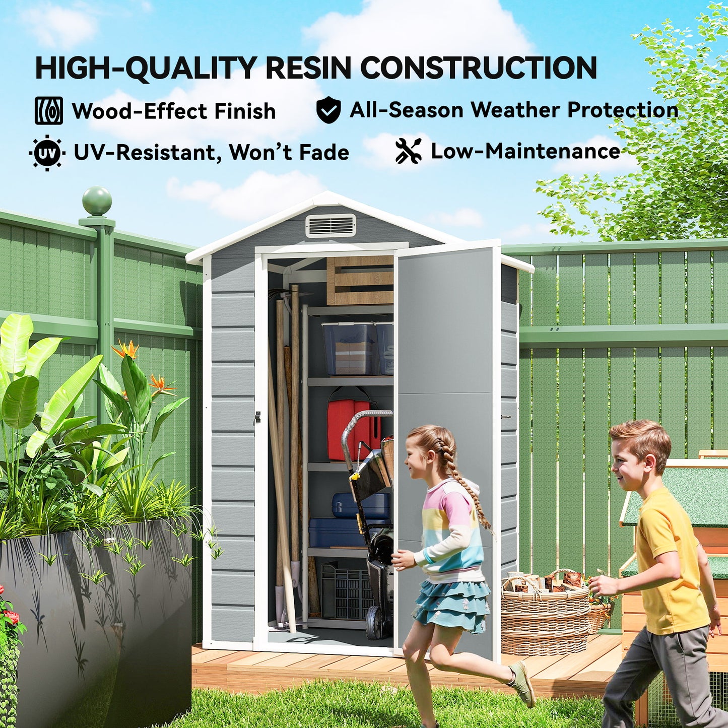 Outsunny 4 x 3 ft Plastic Garden Shed with Floor, Outdoor Storage Shed with Lockable Door, Window and Vent, Light Grey
